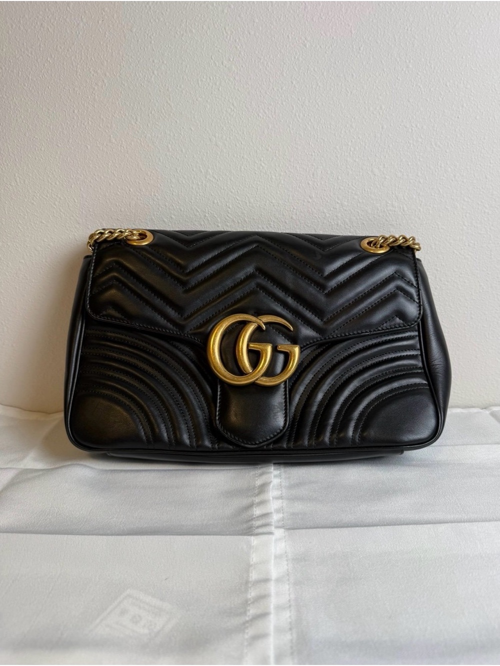 Gucci Black Matelassé Chevron Shoulder Bag with Gold Hardware